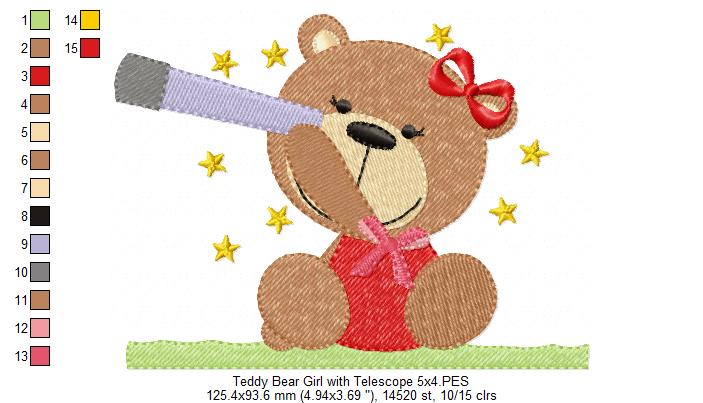 Teddy Bear Boy and Girl With Telescope - Fill Stitch - Set of 2 designs