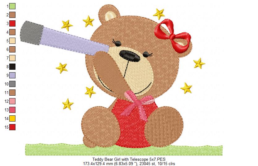 Teddy Bear Boy and Girl With Telescope - Fill Stitch - Set of 2 designs