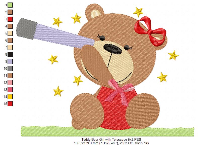 Teddy Bear Girl with Telescope - Fill Stitch