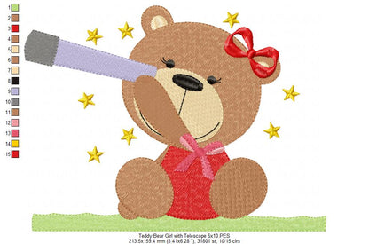 Teddy Bear Boy and Girl With Telescope - Fill Stitch - Set of 2 designs