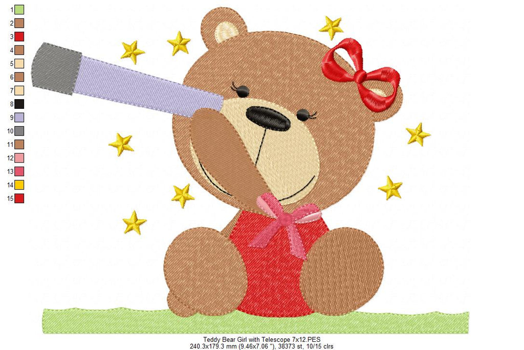 Teddy Bear Girl with Telescope - Fill Stitch