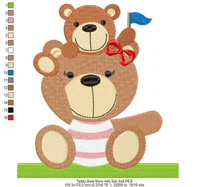 Teddy Bear Mom and Son - Fill Stitch