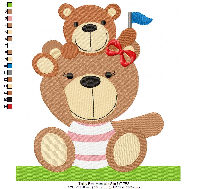 Teddy Bear Dad and Mom with Son - Fill Stitch - Set of 2 designs