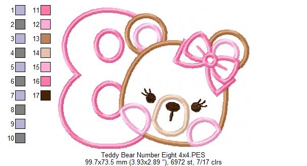 Teddy Bear Girl Number 8 Eight 8th Birthday - Applique