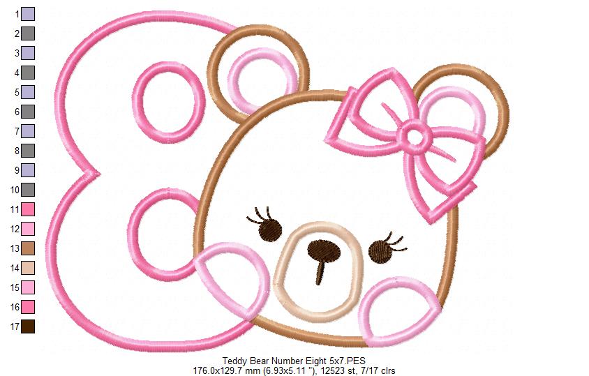 Teddy Bear Girl Number 8 Eight 8th Birthday - Applique