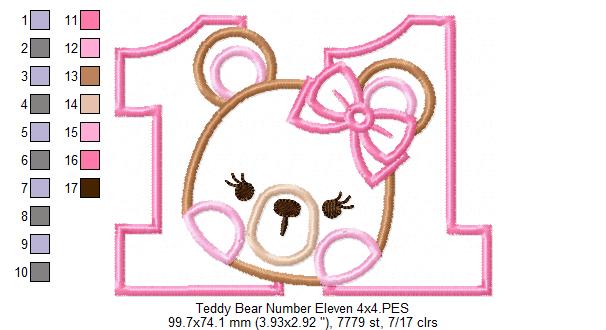 Teddy Bear Girl Number Eleven 11 Elenth Birthday - Applique