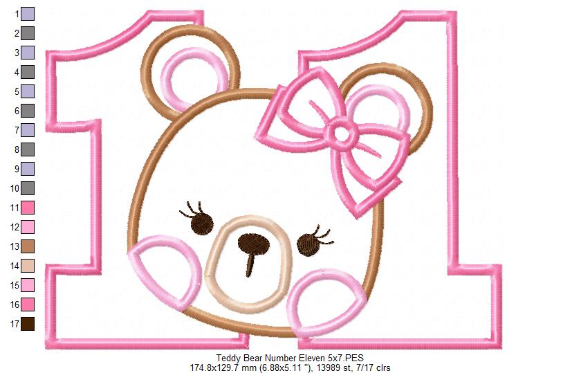 Teddy Bear Girl Number Eleven 11 Elenth Birthday - Applique