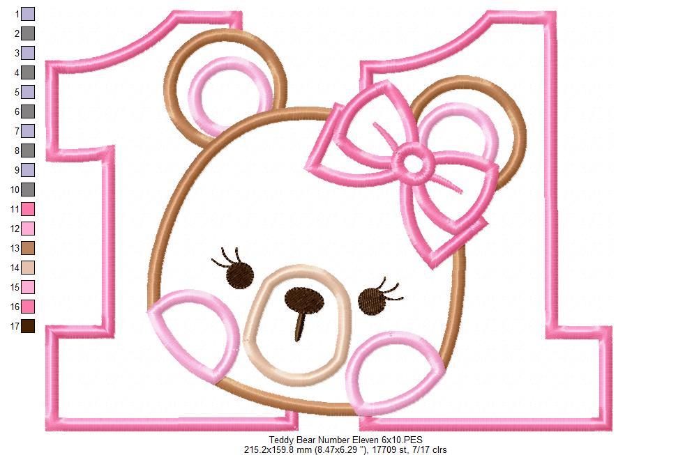 Teddy Bear Girl Number Eleven 11 Elenth Birthday - Applique