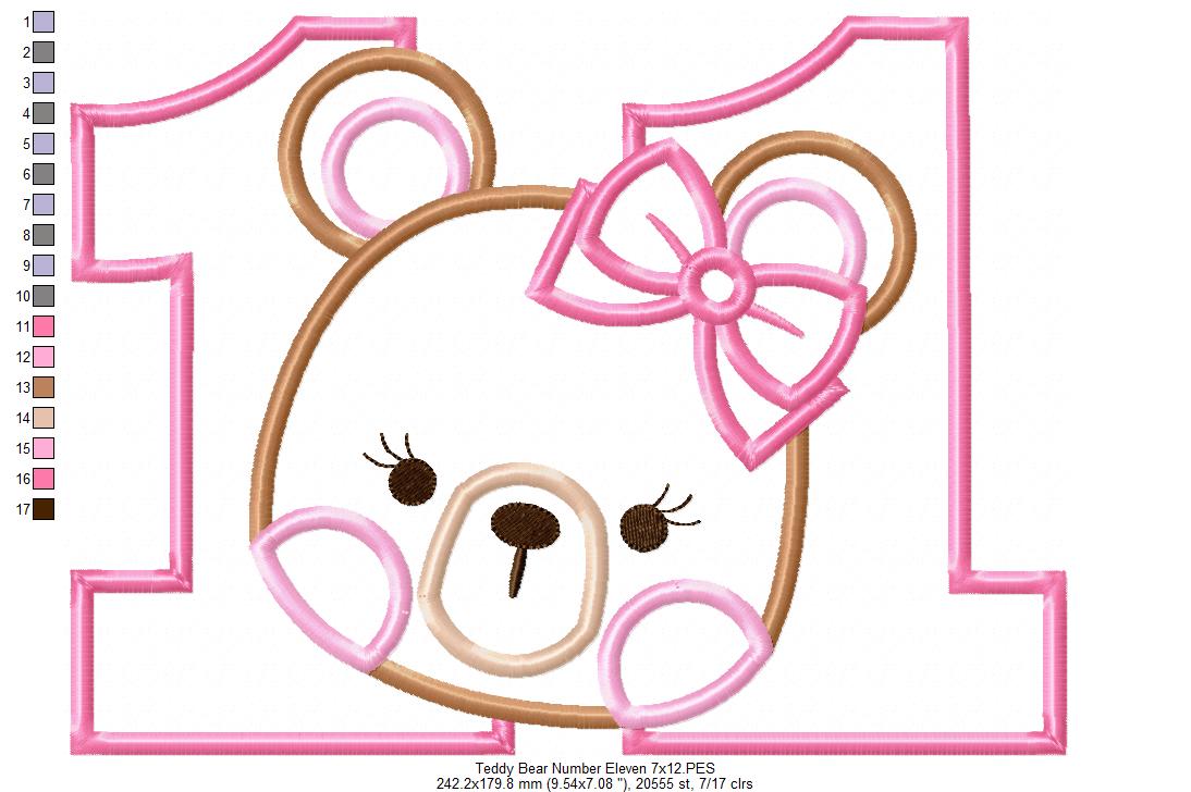 Teddy Bear Girl Number Eleven 11 Elenth Birthday - Applique