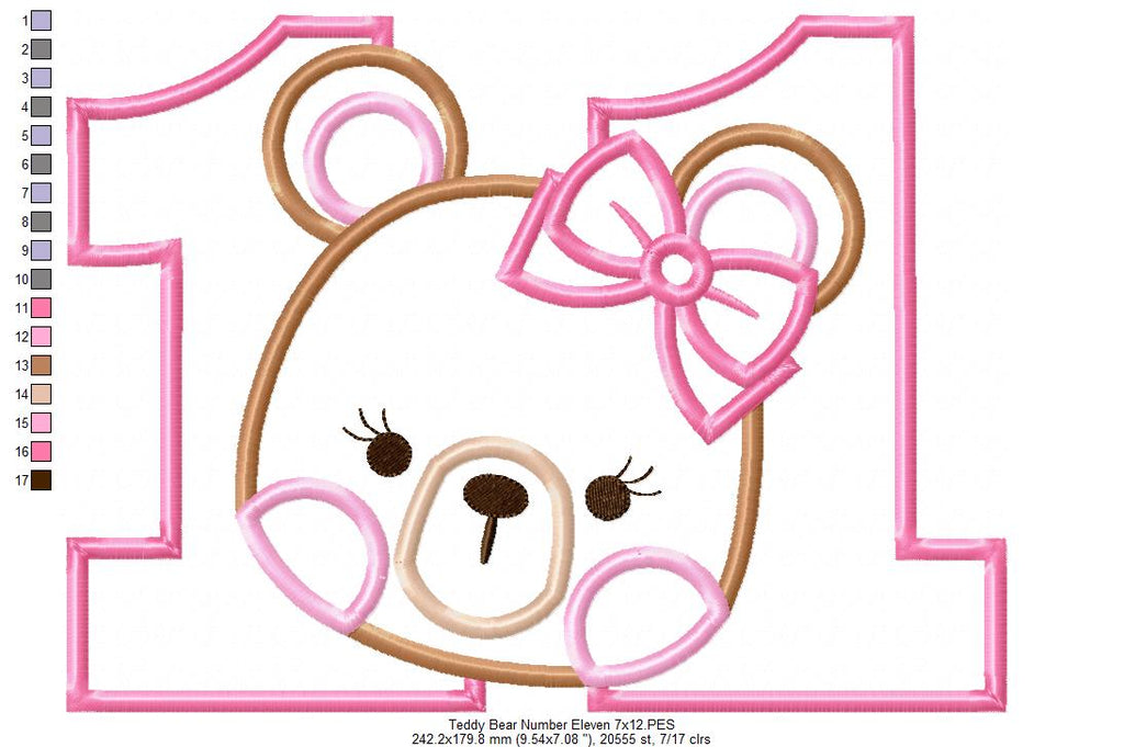 Teddy Bear Girl Number Eleven 11 Elenth Birthday - Applique