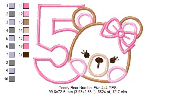 Teddy Bear Girl Number 5 Five 5th Birthday - Applique