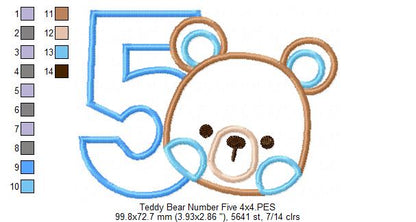 Teddy Bear Boy Number 5 Five 5th Birthday - Applique