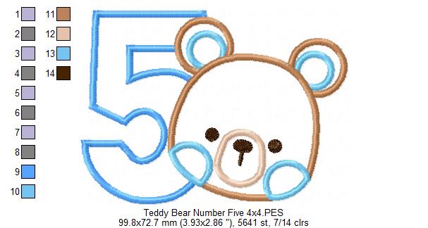 Teddy Bear Boy Number 5 Five 5th Birthday - Applique