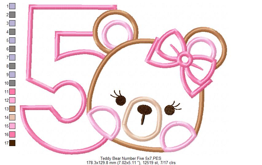 Teddy Bear Girl Number 5 Five 5th Birthday - Applique