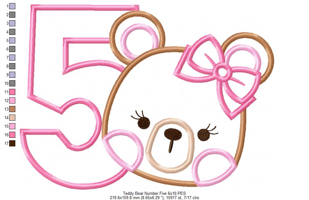 Teddy Bear Girl Number 5 Five 5th Birthday - Applique