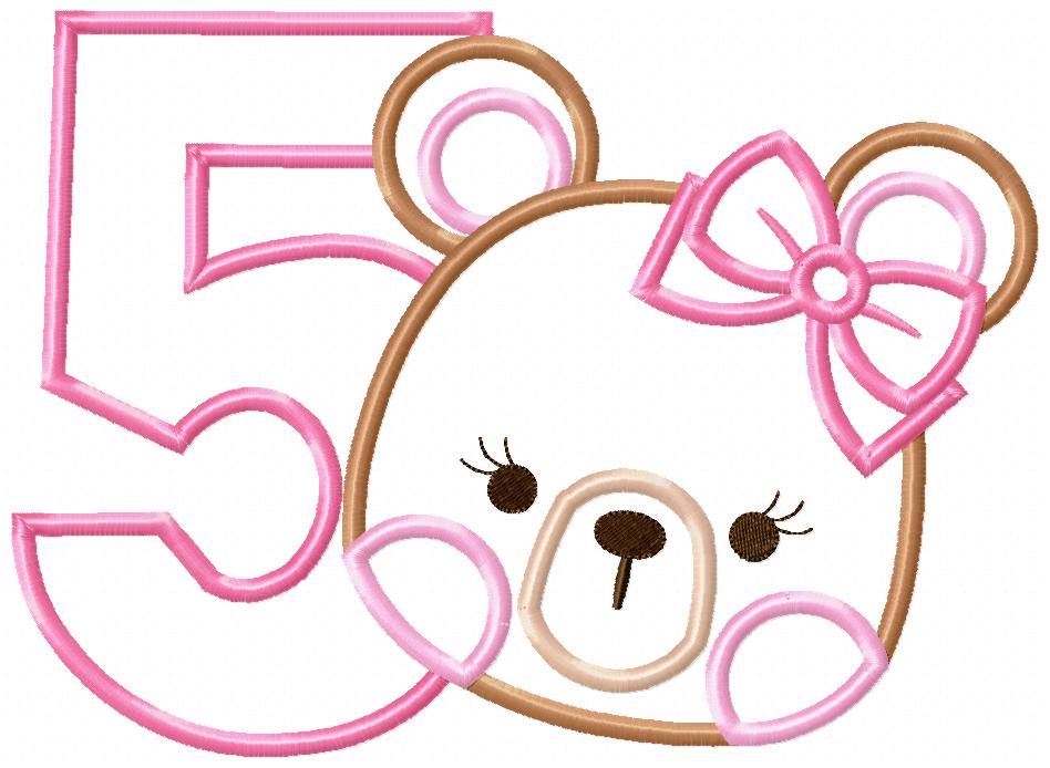 Teddy Bear Girl Number 5 Five 5th Birthday - Applique