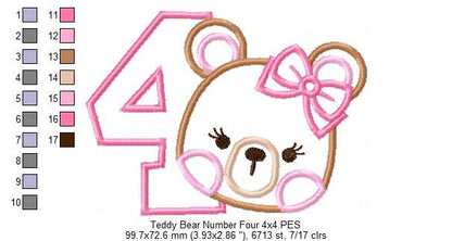 Teddy Bear Girl Number 4 Four 4th birthday - Applique