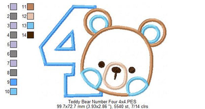 Teddy Bear Boy Number 4 Four 4th birthday - Applique