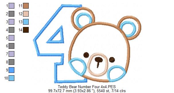 Teddy Bear Boy Number 4 Four 4th birthday - Applique