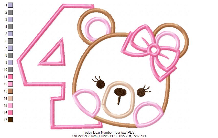 Teddy Bear Girl Number 4 Four 4th birthday - Applique