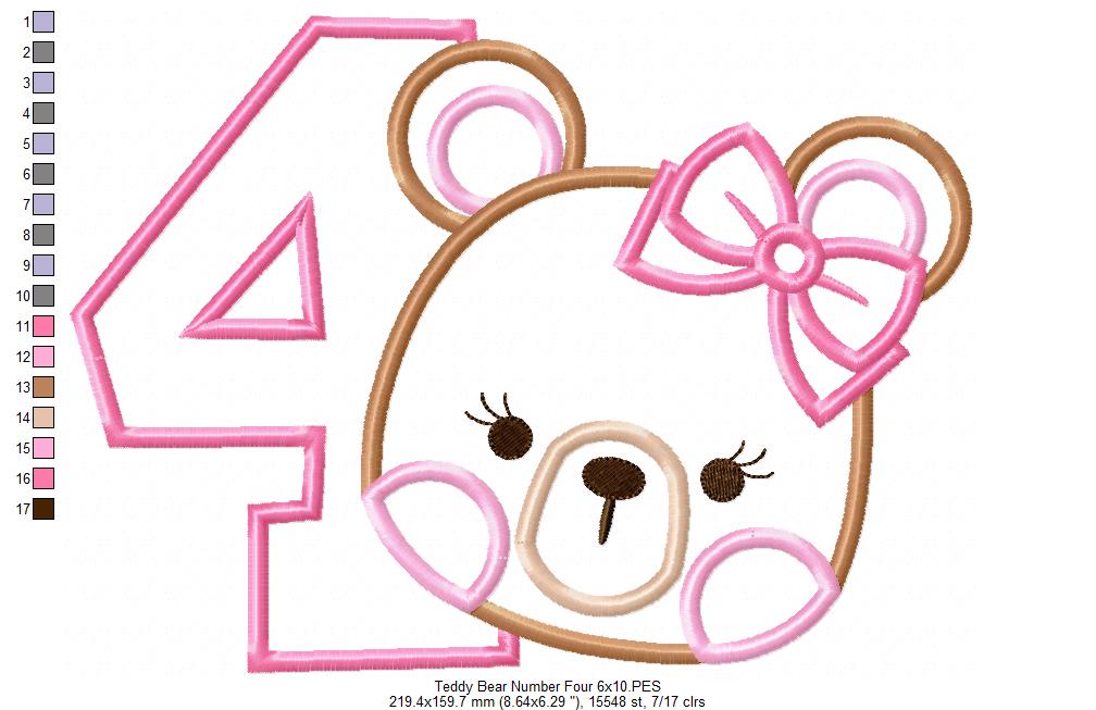 Teddy Bear Girl Number 4 Four 4th birthday - Applique