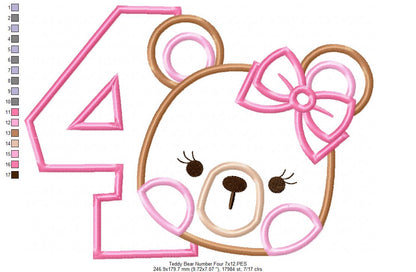 Teddy Bear Girl Number 4 Four 4th birthday - Applique
