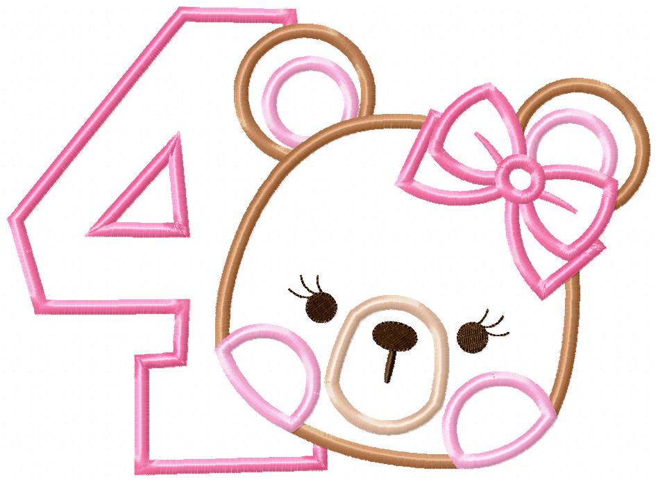 Teddy Bear Girl Number 4 Four 4th birthday - Applique