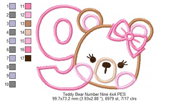 Teddy Bear Girl Number 9 Nine 9th Birthday - Applique