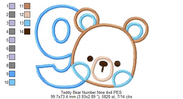 Teddy Bear Boy Number 9 Nine 9th Birthday - Applique