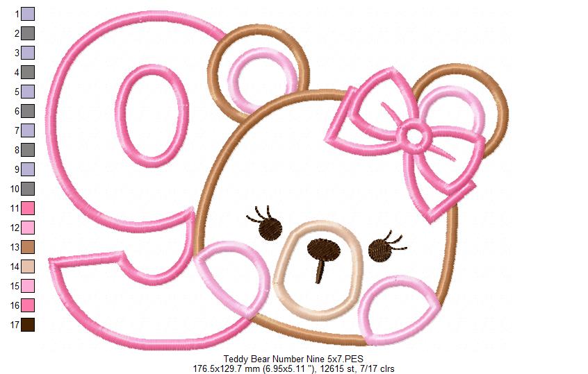 Teddy Bear Girl Number 9 Nine 9th Birthday - Applique