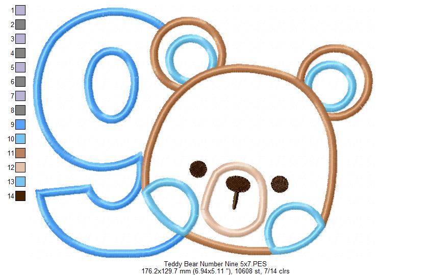 Teddy Bear Boy Number 9 Nine 9th Birthday - Applique
