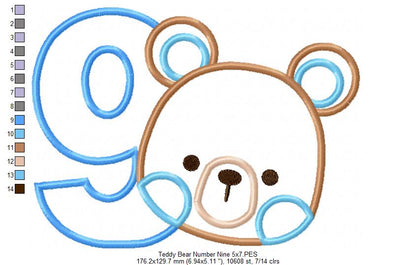 Teddy Bear Boy Number 9 Nine 9th Birthday - Applique