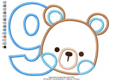 Teddy Bear Boy Number 9 Nine 9th Birthday - Applique