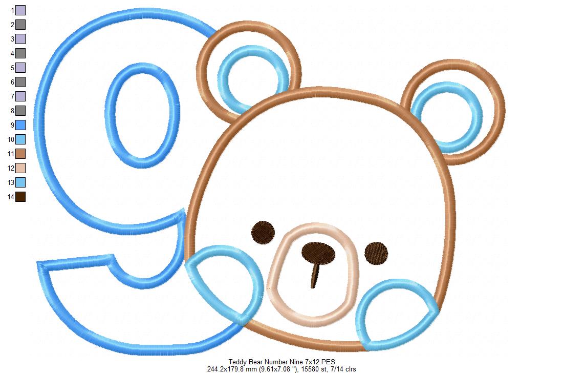 Teddy Bear Boy Number 9 Nine 9th Birthday - Applique