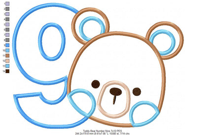 Teddy Bear Boy Number 9 Nine 9th Birthday - Applique
