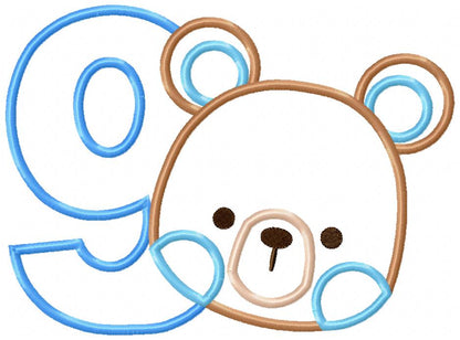 Teddy Bear Boy Number 9 Nine 9th Birthday - Applique