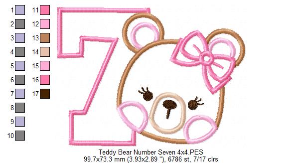 Teddy Bear Girl Number 7 Seven 7th Birthday - Applique