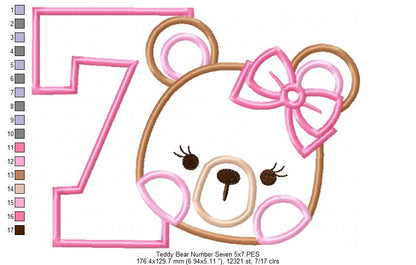 Teddy Bear Girl Number 7 Seven 7th Birthday - Applique