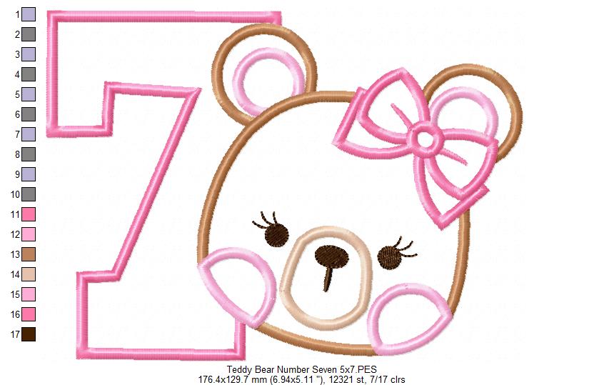 Teddy Bear Girl Number 7 Seven 7th Birthday - Applique