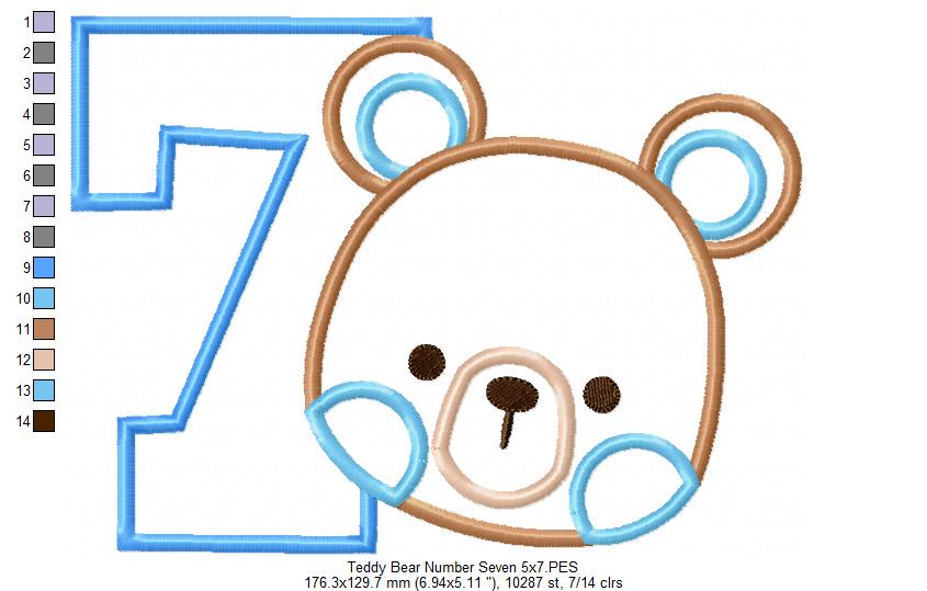 Teddy Bear Boy Number 7 Seven 7th Birthday - Applique