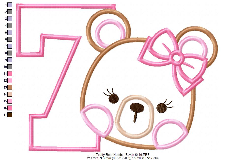 Teddy Bear Girl Number 7 Seven 7th Birthday - Applique