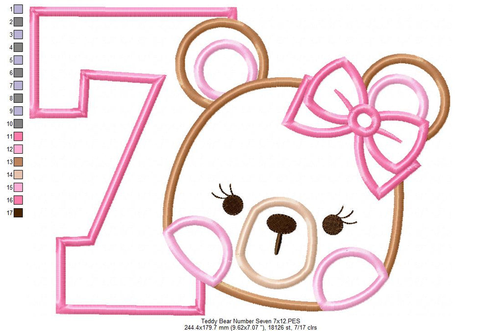 Teddy Bear Girl Number 7 Seven 7th Birthday - Applique