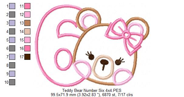 Teddy Bear Girl Number 6 Six 6th Birthday - Applique