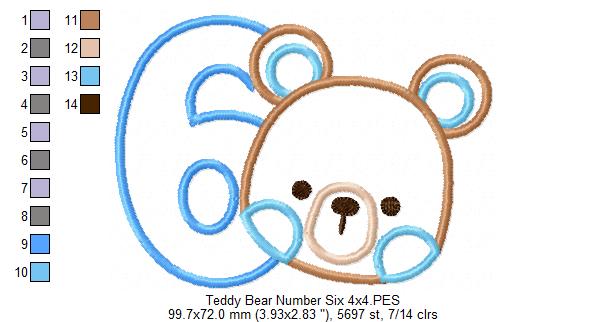 Teddy Bear Boy Number 6 Six 6th Birthday - Applique