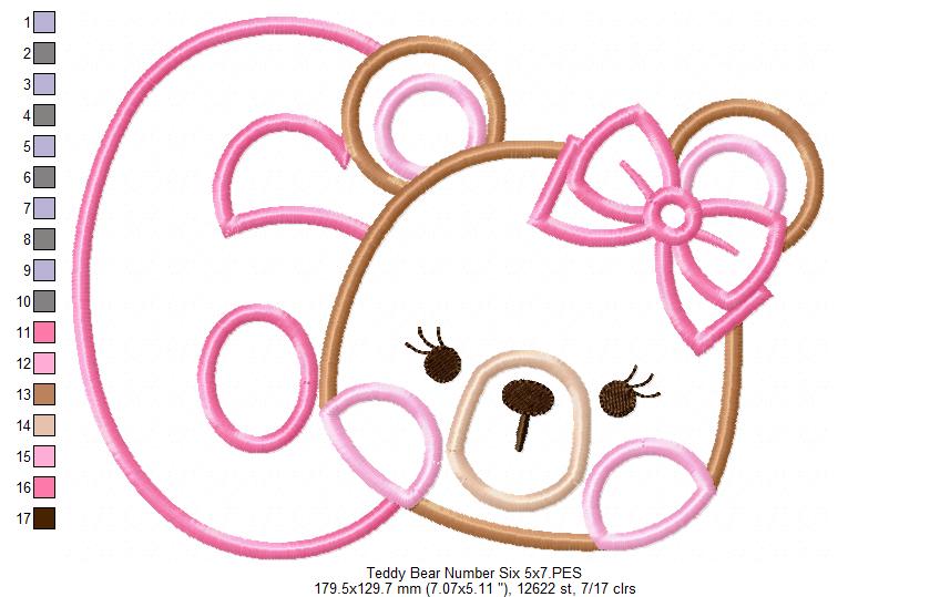 Teddy Bear Girl Number 6 Six 6th Birthday - Applique