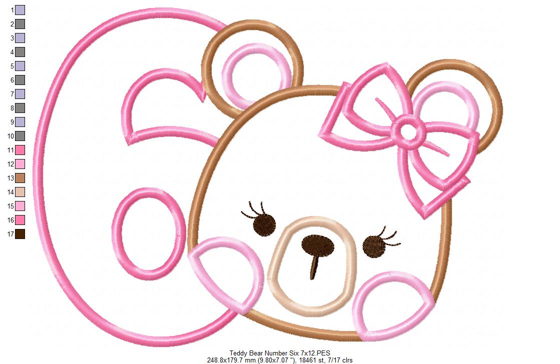 Teddy Bear Girl Number 6 Six 6th Birthday - Applique