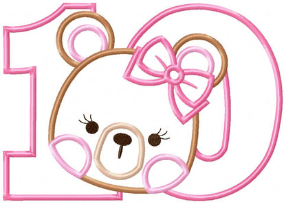 Teddy Bear Girl Number Ten 10 Tenth Birthday - Applique