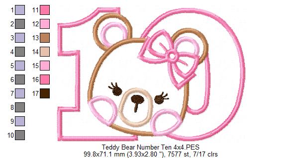 Teddy Bear Girl Number Ten 10 Tenth Birthday - Applique