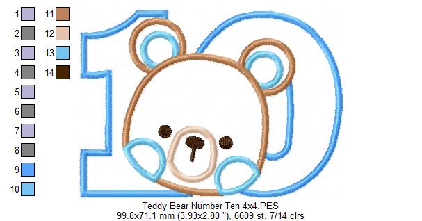 Teddy Bear Girl Number Ten 10 Tenth Birthday - Applique