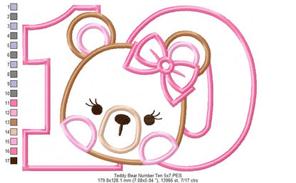 Teddy Bear Girl Number Ten 10 Tenth Birthday - Applique